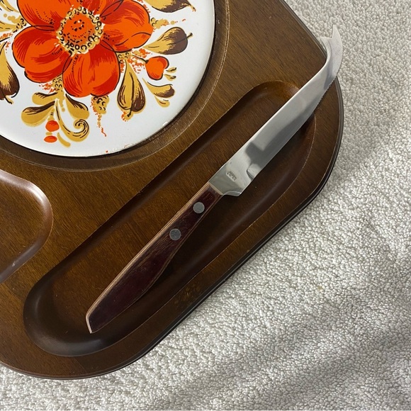Vintage MCM Autumn Flower Tile Wooden Cheese Board Charcuterie Board W Knife - Picture 13 of 14